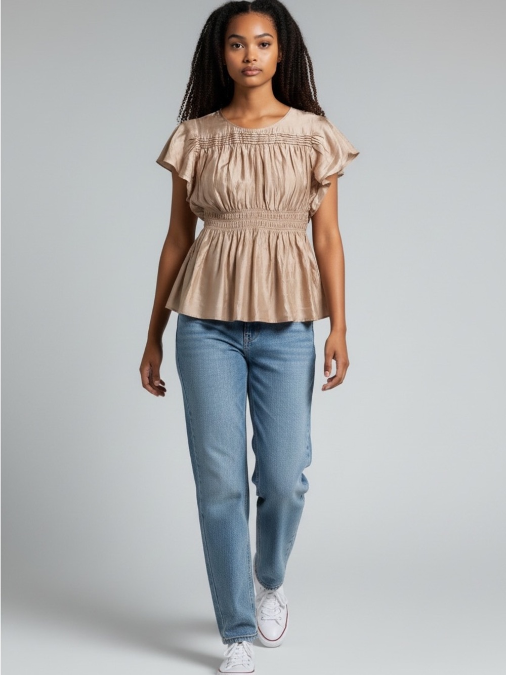Anthropologie Tan Smocked Peplum Flutter Sleeve Blouse
